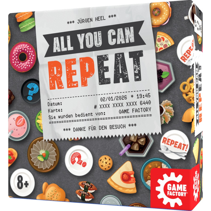 Bunte Brettspielschachtel mit verschiedenen Essensmotiven und dem Titel All You Can RepeAT auf der Vorderseite.