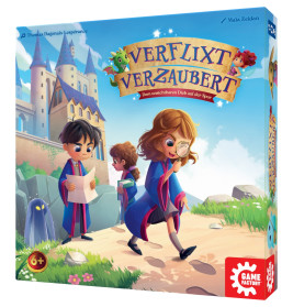 Zwei Kinder in Zauberkleidung erkunden mit Büchern eine Burg. Auf dem Cover des Spiels Verflixt Verzaubert.