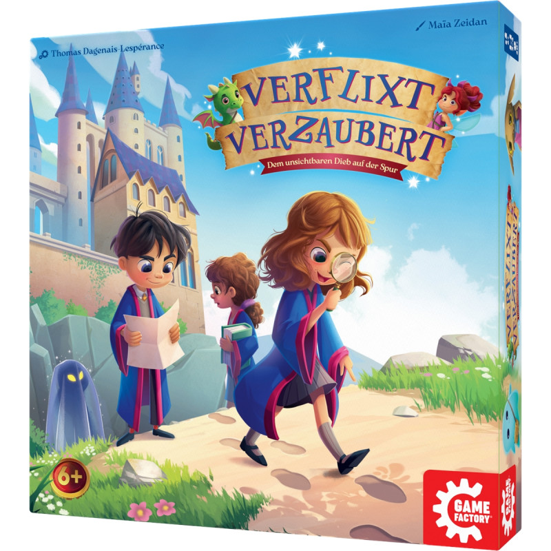 Zwei Kinder in Zauberkleidung erkunden mit Büchern eine Burg. Auf dem Cover des Spiels Verflixt Verzaubert.