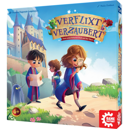 Zwei Kinder in Zauberkleidung erkunden mit Büchern eine Burg. Auf dem Cover des Spiels Verflixt Verzaubert.