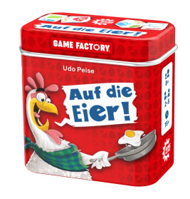 Rote Spielbox mit Comic-Huhn, das eine Pfanne hält. Aufdruck: Auf die Eier! auf der Vorderseite.