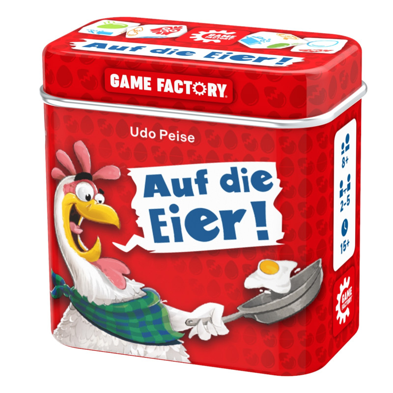 Rote Spielbox mit Comic-Huhn, das eine Pfanne hält. Aufdruck: Auf die Eier! auf der Vorderseite.