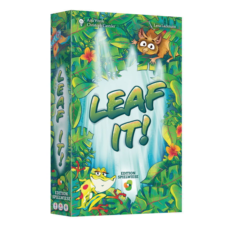 Bunte Leaf It!-Spielbox mit Dschungelblättern, einem Frosch und einer kleinen Kreatur auf dem Cover.