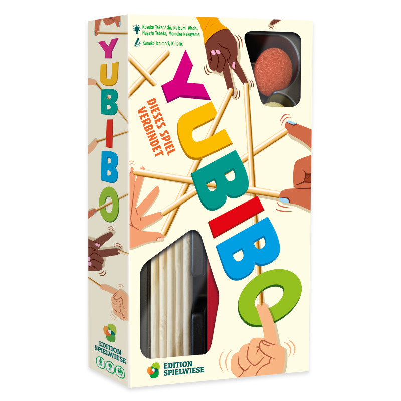 Bunte Yubibo-Spielschachtel mit zeigenden Händen, Stäben und Ausschnitten, die Spielfiguren im Inneren zeigen.
