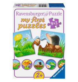 Ravensburger My First Puzzles, 9 zweiteilige Puzzles ab 2 Jahren mit bunten Tiermotiven in einer Box.