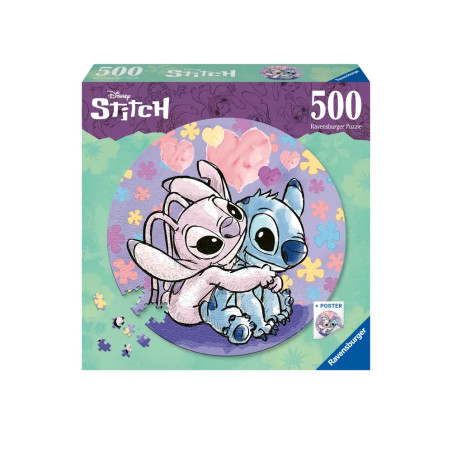 Disney Stitch Puzzle (500 Teile) mit Stitch und Angel, die sich vor pastellfarbenem Hintergrund mit Herzen und Blumen umarmen.