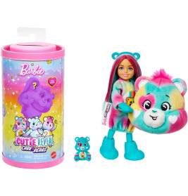 Barbie mit Care-Bears-Kopf, kleiner Figur und bunter Verpackung mit der Aufschrift "Cutie Reveal".