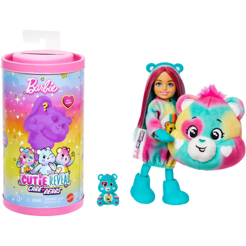Barbie mit Care-Bears-Kopf, kleiner Figur und bunter Verpackung mit der Aufschrift "Cutie Reveal".