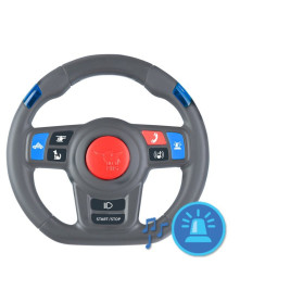 Spielzeuglenkrad mit bunten Tasten und blauem Sirenensymbol sowie Noten unten rechts.