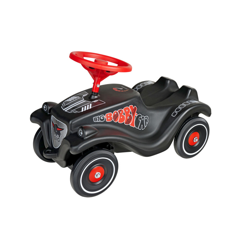 Schwarzes Rutschauto mit rotem Lenkrad, BIG Bobby Car, für Kleinkinder geeignet.