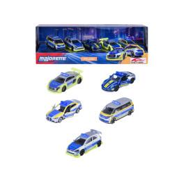 Majorette Polizei Spielzeugauto-Set mit fünf blau-gelben Einsatzfahrzeugen außerhalb der Verpackung.
