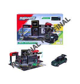 Majorette Mini Showroom Spielset mit grünem Spielzeugauto und Modell-Tankstelle auf der Verpackung.