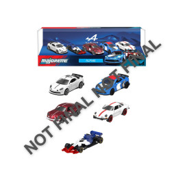 Schachtel mit fünf bunten Alpine Modellautos, darüber der Hinweis "NOT FINAL NOT FINAL" auf dem Bild.