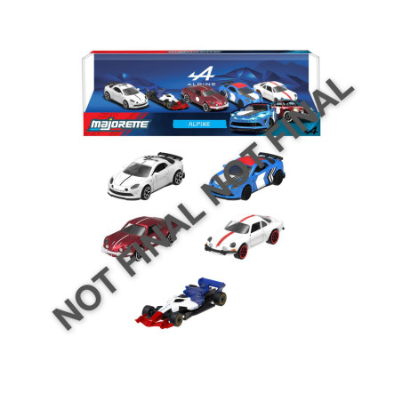 Schachtel mit fünf bunten Alpine Modellautos, darüber der Hinweis NOT FINAL NOT FINAL auf dem Bild.