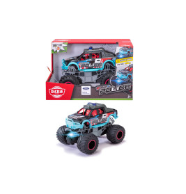 Spielzeug-Polizeimonstertruck mit großen Rädern, im Karton und ausgepackt gezeigt.