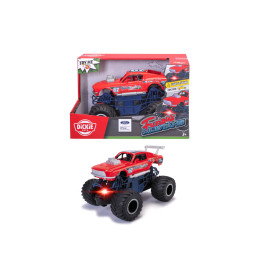 Rotes ferngesteuertes Monstertruck-Spielzeug mit großen Rädern, abgebildet mit und ohne Dickie Toys Verpackung.