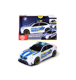 Spielzeug-Polizeiauto BMW M5 mit blauen Lichtern, neben der Box mit passendem Autoabbild und Markenlogo.