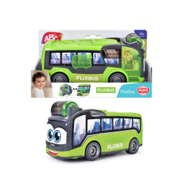 Grüner FlixBus-Spielzeugbus mit Comicaugen, Stadtmotiv und Verpackung mit Babybild und Routenschild.