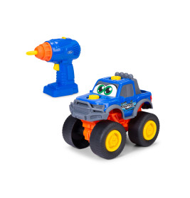Blauer und gelber Spielzeug-Monstertruck mit Cartoon-Augen steht neben einem blauen Spielzeug-Bohrer.
