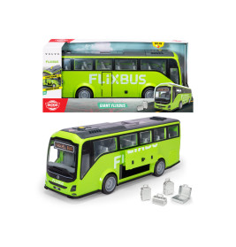 Modell eines grünen FlixBus-Reisebusses mit herausnehmbaren Sitzen, neben der Verpackung präsentiert.