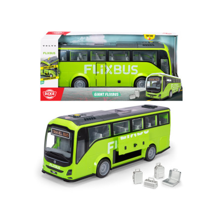 Modell eines grünen FlixBus-Reisebusses mit herausnehmbaren Sitzen, neben der Verpackung präsentiert.