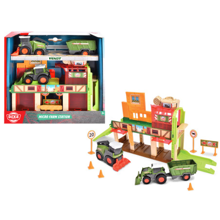 Spielzeug-Bauernhofset mit Traktoren, Zubehör und Verpackung, die das aufgebaute Set und alle Teile zeigt.