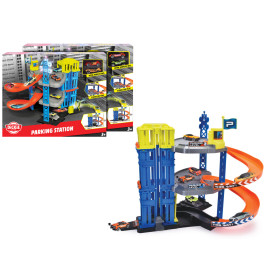 Dreistöckige Spielzeug-Parkgarage mit orangen Rampen und Autos, abgebildet neben der Verpackung.