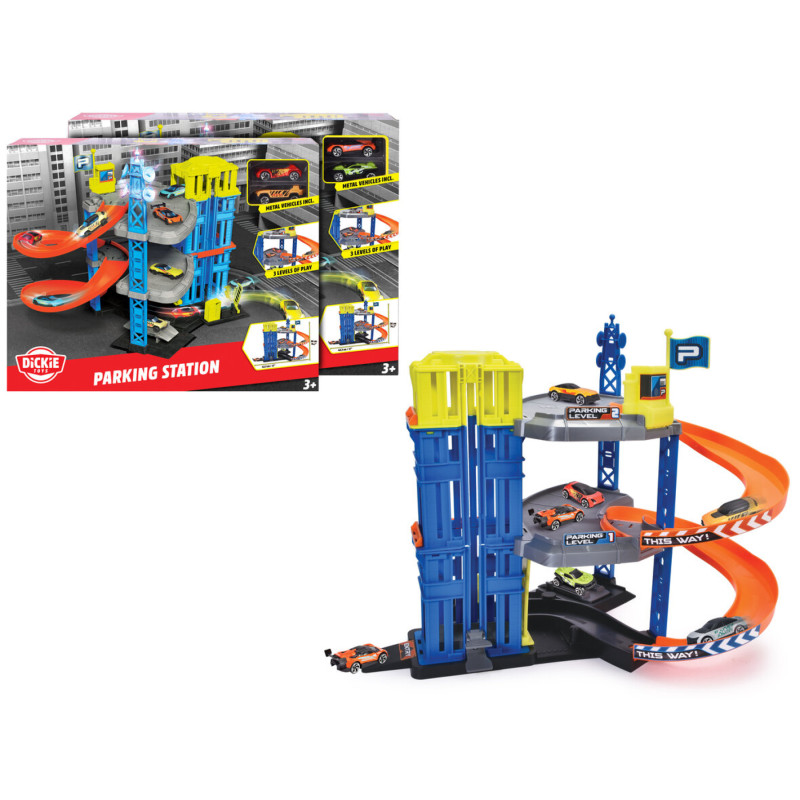 Dreistöckige Spielzeug-Parkgarage mit orangen Rampen und Autos, abgebildet neben der Verpackung.