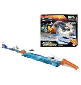 Fast & Furious Speedboat Jump Set mit Starter, Booten, Wasserstrecke und Produktverpackung im Hintergrund.