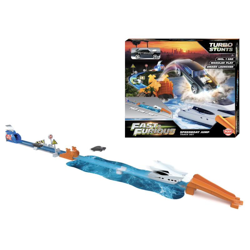 Fast & Furious Speedboat Jump Set mit Starter, Booten, Wasserstrecke und Produktverpackung im Hintergrund.