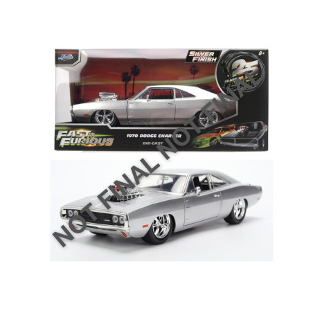 Silbernes Dodge Charger Modellauto (1970) in Fast-&-Furious-Verpackung, mit dem Hinweis "Noch nicht fertig".