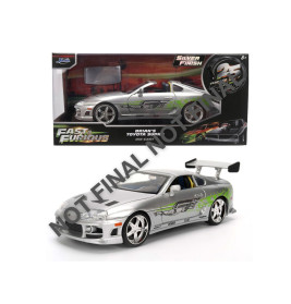 Silbernes Fast & Furious Toyota Supra Modellauto mit Box, detaillierten Aufklebern und Heckspoiler.