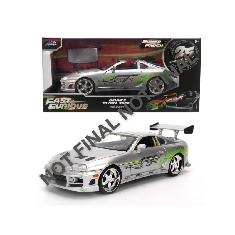 Silbernes Fast & Furious Toyota Supra Modellauto mit Box, detaillierten Aufklebern und Heckspoiler.