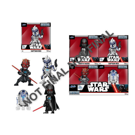 Star Wars Metallfiguren: Captain Rex, Darth Vader, R2-D2 und Darth Maul je verpackt und ausgepackt.