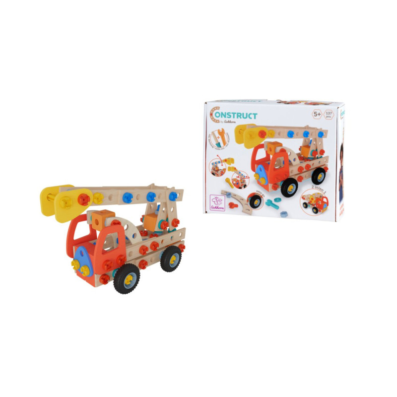 Holz-Spielzeug-Kranwagen mit bunten Teilen, abgebildet neben Verpackung, geeignet für Kinder ab 5 Jahren.