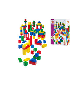 Bunte Holzbausteine sind zu verschiedenen Strukturen neben der Verpackung des Spielzeugs angeordnet.