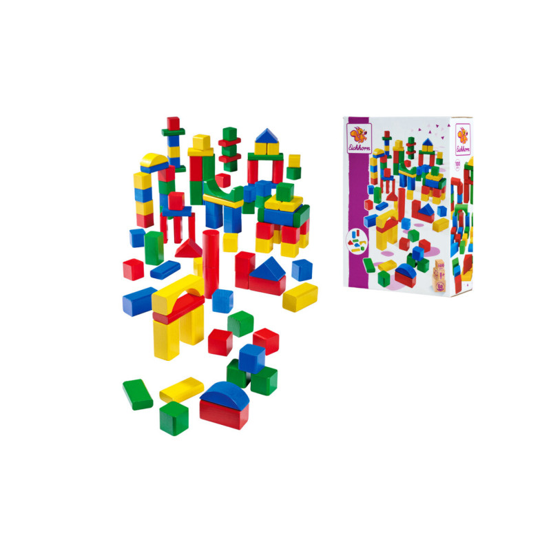 Bunte Holzbausteine sind zu verschiedenen Strukturen neben der Verpackung des Spielzeugs angeordnet.