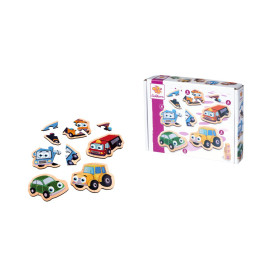Holz-Fahrzeugpuzzleteile und eine passende Box mit Auto- und Flugzeugmotiven für Kinder.