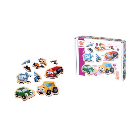 Holz-Fahrzeugpuzzleteile und eine passende Box mit Auto- und Flugzeugmotiven für Kinder.