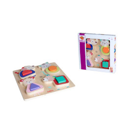 Holztierpuzzle mit bunten Formen neben passender Verpackung.