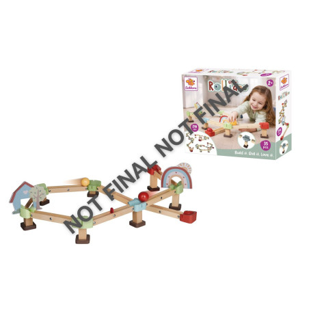 Holz-Murmelbahn mit bunten Akzenten und Verpackung, quer über das Bild steht NICHT FINAL.