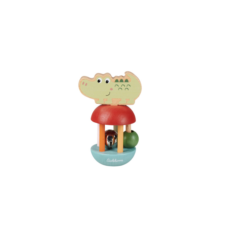 Holz-Babyspielzeug mit grünem Krokodil, rotem Bogen, blauem Sockel sowie grünen und silbernen Kugeln.