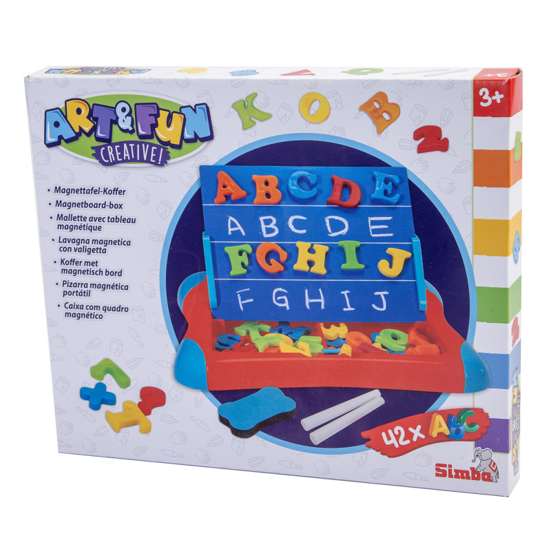 Magnetisches Alphabet-Board von Art & Fun für Kinder ab 3 Jahren mit bunten Buchstaben und Zubehör.