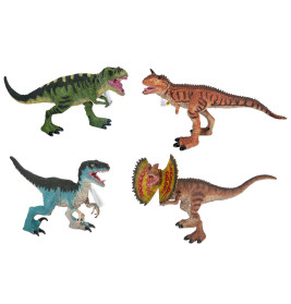 Vier bunte Spielzeugdinosaurier mit geöffnetem Maul vor weißem Hintergrund.