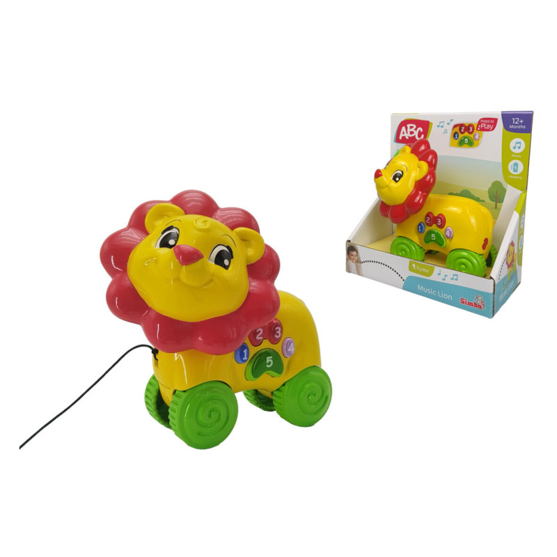 Gelber und roter Spielzeuglöwe auf grünen Rädern mit Zahlentasten, gezeigt innen und außen der Verpackung.