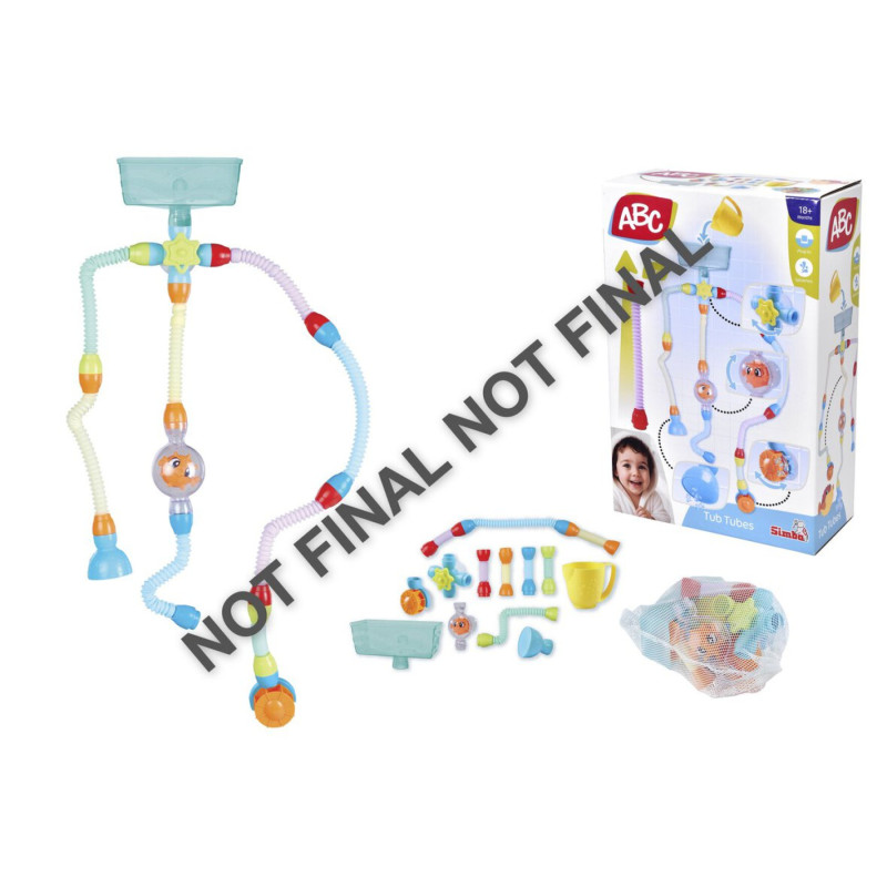 Spielzeug-Badewannen-Set mit bunten Teilen, Verpackung und Zubehör, gekennzeichnet als NICHT FINAL.