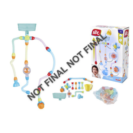 Spielzeug-Badewannen-Set mit bunten Teilen, Verpackung und Zubehör, gekennzeichnet als NICHT FINAL.
