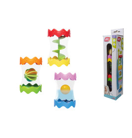 Drei bunte Babyspielzeuge mit drehbaren Teilen und dazugehörige Verpackung mit Abbildungen der gleichen Spielzeuge.