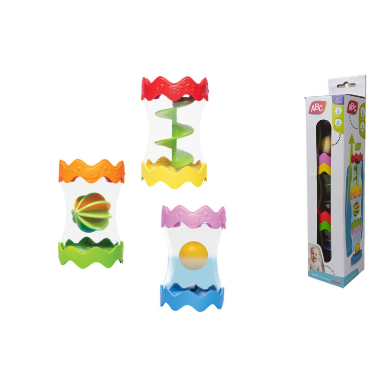 Drei bunte Babyspielzeuge mit drehbaren Teilen und dazugehörige Verpackung mit Abbildungen der gleichen Spielzeuge.