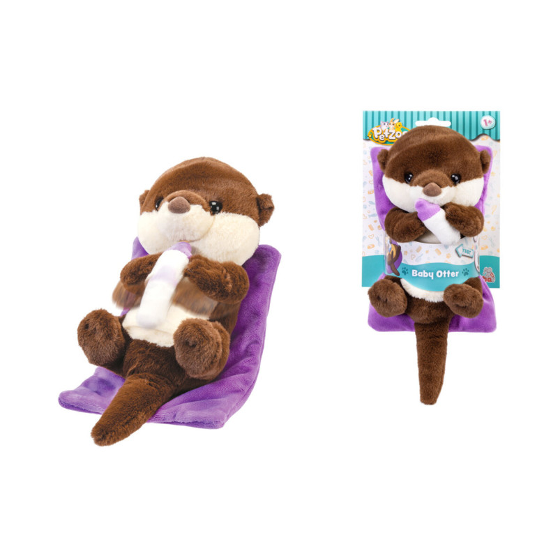 Plüsch-Babyotter auf lila Matte mit weißer Flasche, einzeln und in Verpackung abgebildet.